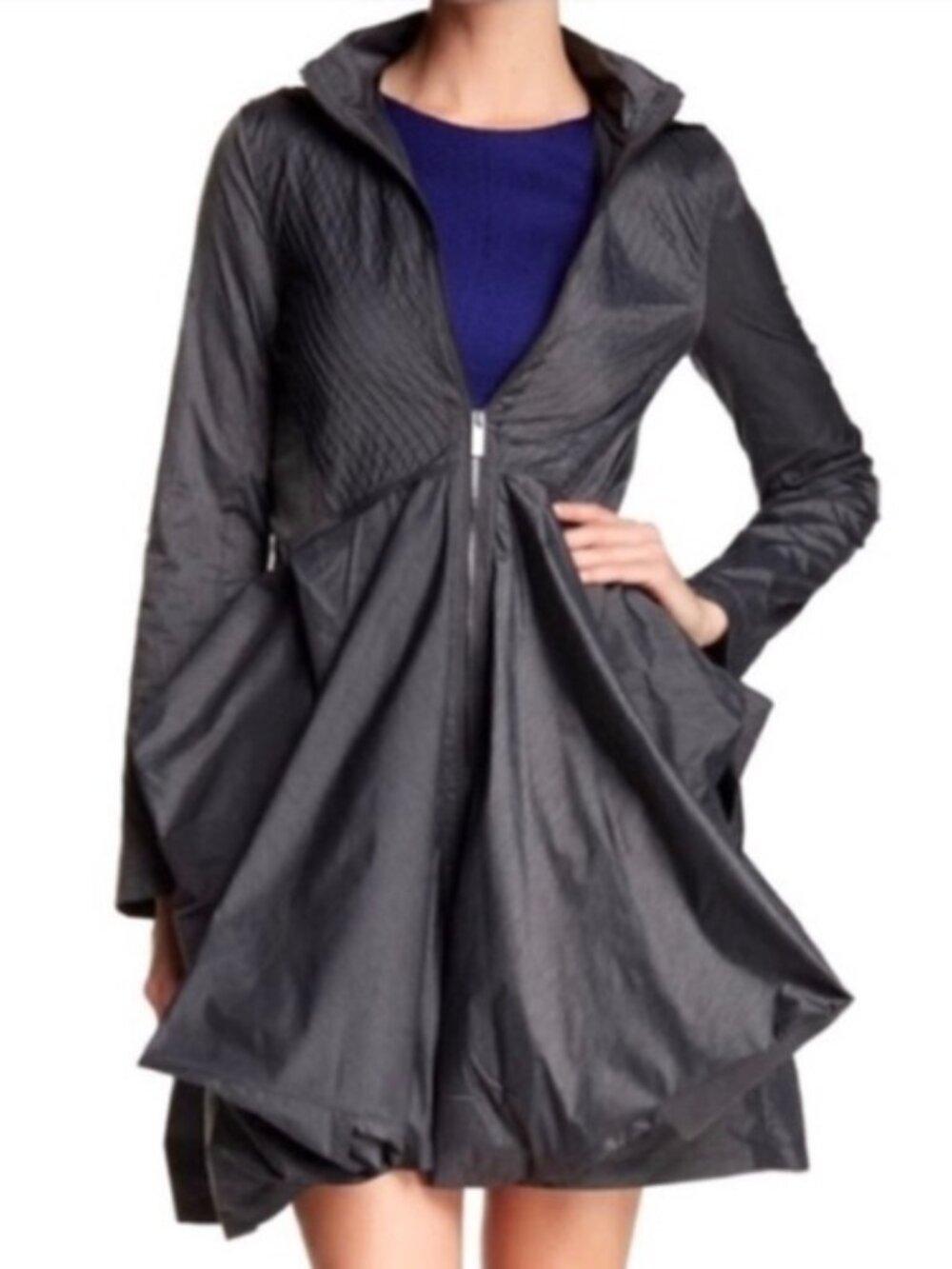 ZAC POSEN NAVY FITTED RUFFLE HOODED RAINCOAT Trench DESIGNER RUNWAY